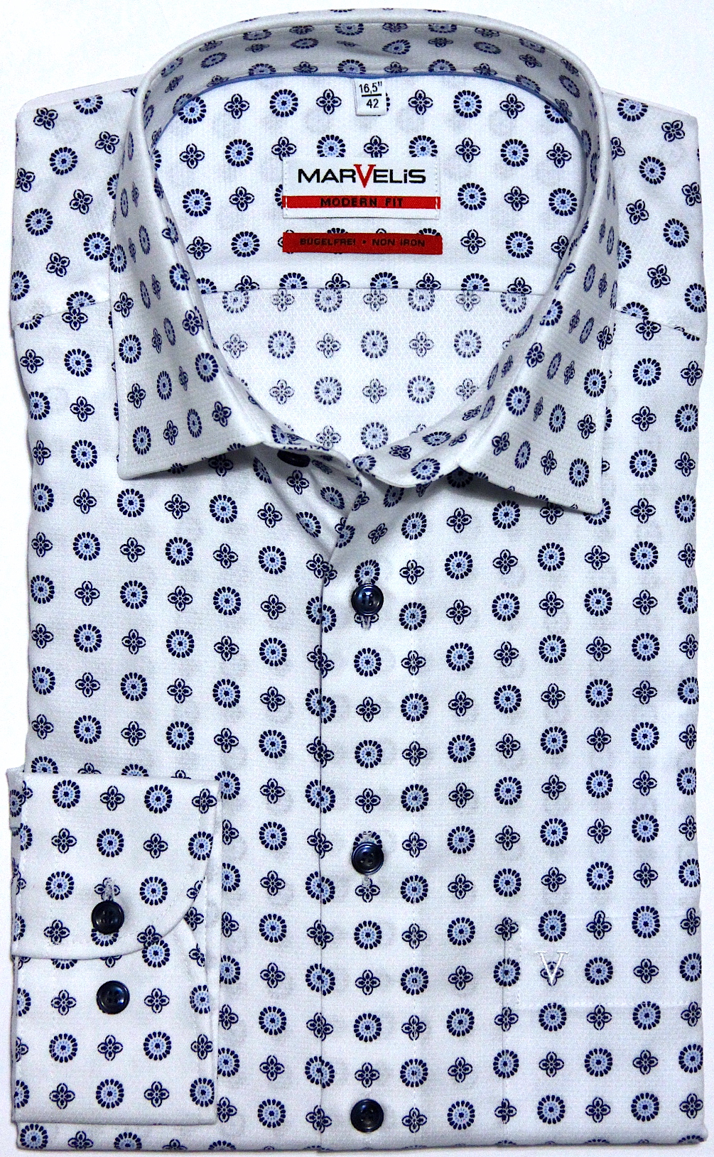 Muster blau Baumwolle Marvelis Modern Fit Hemd Extra langer Arm 69cm bügelfrei 